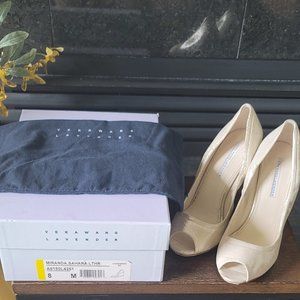 Vera Wang Gold Leather Peep Toe Wedge